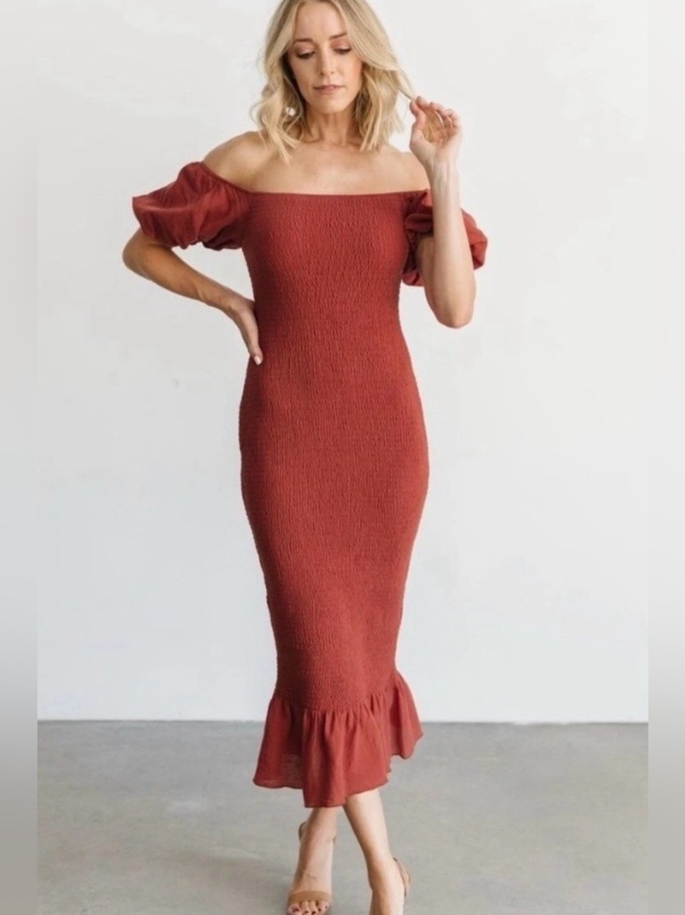 Baltic Born Alana Smocked Midi Dress // Rust // Large